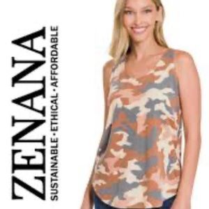 3/12 Zenana Camo Tank scoop neck NWT Small Medium- cream, rust, and grey colors